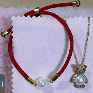 Red and Gold Bracelet and Teddy Bear South Sea Necklace Set
